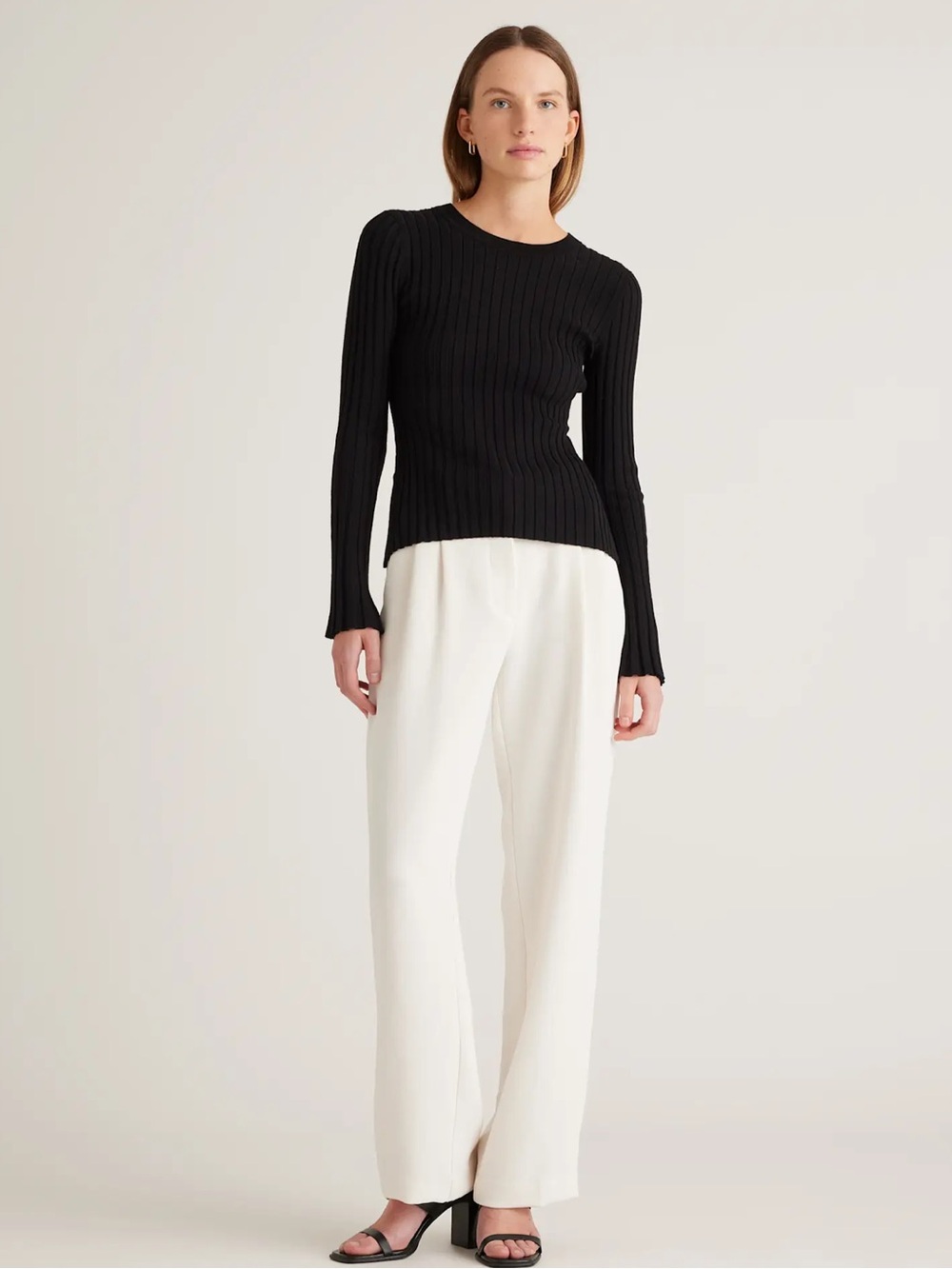 Quince Cotton Cashmere Ribbed Long Sleeve Sweater Black Large - Picture 2 of 9